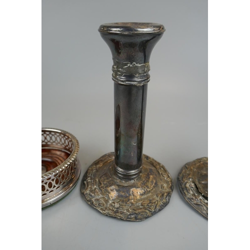 1 - Pair of hallmarked silver candlesticks A/F together with a silver plate Champagne coaster