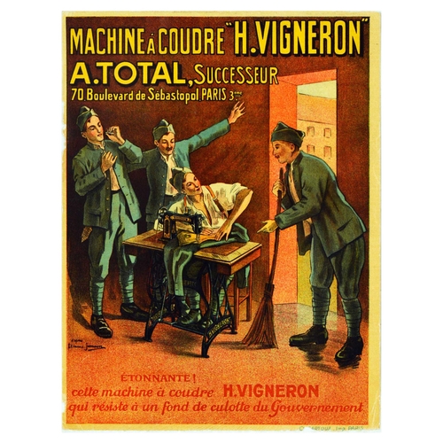 13 - Advertising Poster Vigneron Sewing Machine Soldiers Eugene. Original antique advertising poster for ... 