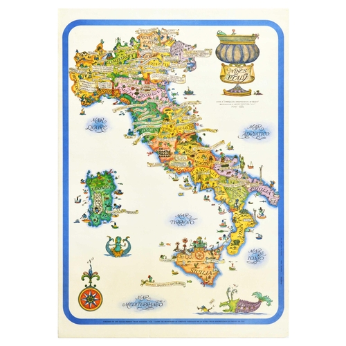 207 - Travel Poster Wine of Italy Map Sardinia Sicily Vinyard Grapes. Original vintage travel poster Wines... 