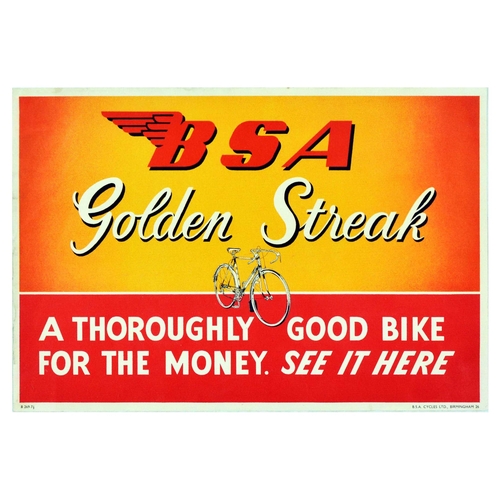 48 - Advertising Poster BSA Golden Streak Bicycles Cycling Bike. Original vintage advertising poster for ... 