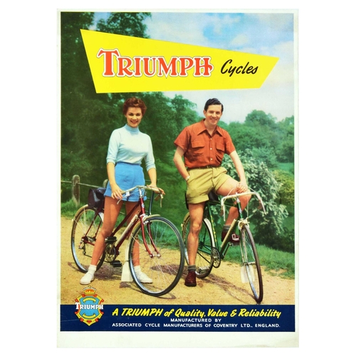 53 - Advertising Poster Triumph Cycles Quality Value Reliability Cycling Country Coventry. Original vinta... 