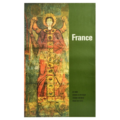 Travel Poster France Roman Art Archangel Saint Michel. Original vintage travel advertising poster for France Romanesque Art Cathedral of Puy-En-Velay the Archangel Saint-Michel Fresco from the XII Century / Art Roman Cathedrale du Puy-En-Velay l'Archange Saint-Michel Fresque du XIIe Siecle, The archangel is depicted in red robes with golden round pattern adornments set over green background. Good condition, creasing, tears on edges. Country of issue: France, designer: Unknown, size (cm): 99x62, year of printing: 1970s.