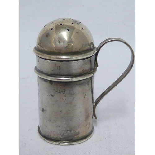 30 - A miniature silver kitchen pepperette of cylindrical shape with strap handle and pierced domed cover... 