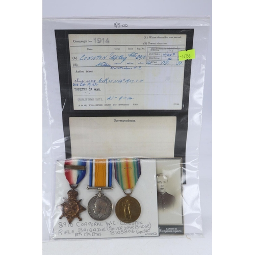 12 - A WWI medal trio star with one bar 5th August-22nd Nov 1914 awarded to 8910 Corporal W.C Coniston 1s... 