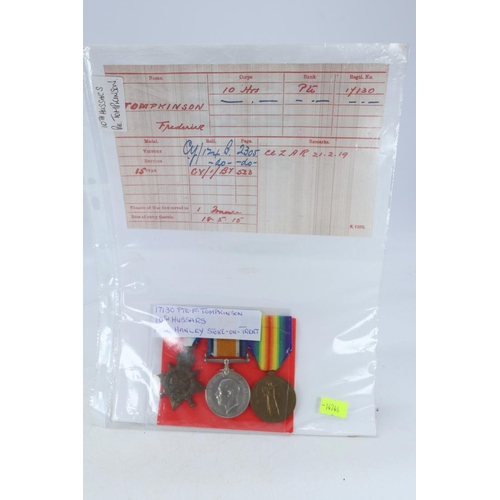21 - WWI medal trio awarded to 17130 Pte F. Tompkinson 10th Hussars regiment and copies of paperwork/rese... 