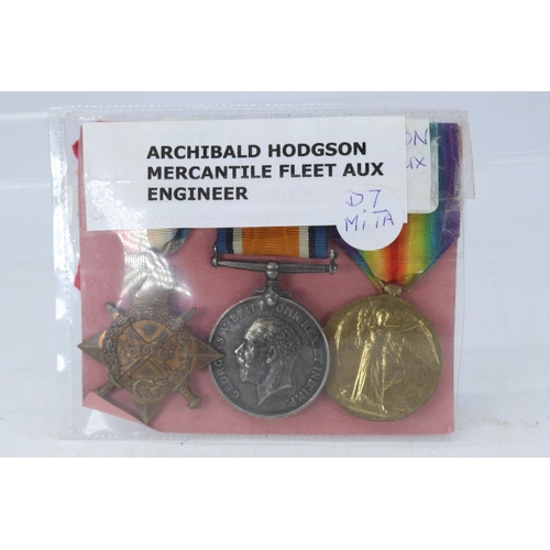 60 - WWI medal trio awarded to A. Hodgson Mercantile Fleet Auxillary Engineer