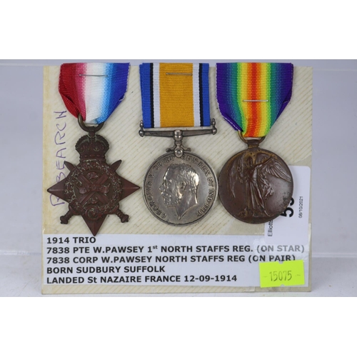 59 - WWI medal trio awarded to 7838 Pte. W. Pawsey 1st North Staffs Regiment (on star) and 7838 Corporal ... 