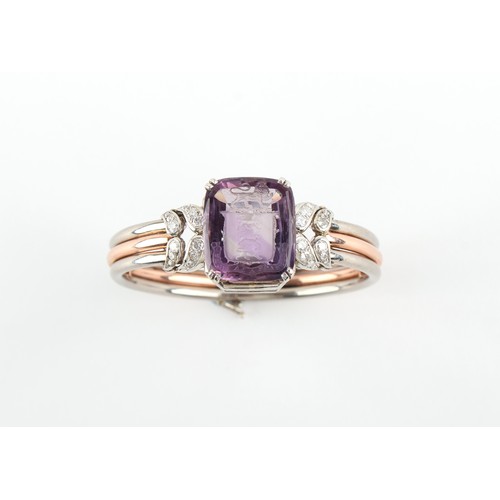 10 - An unusual 14ct two colour white & rose gold carved amethyst intaglio seal & diamond hinged bangle, ... 