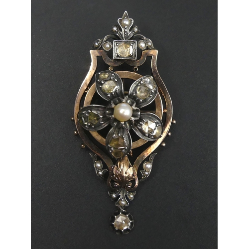 30a - Austro-Hungarian diamond and seed pearl pendant/brooch (Tests as 18ct & silver), 21 grams. 73 x 32 m... 