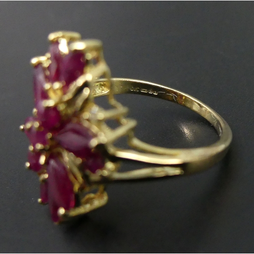 1 - 9 carat gold Ruby & Diamond cluster ring, 4.5 grams, Birmingham 2001. Size R, 23.7 mm wide. UK Posta... 