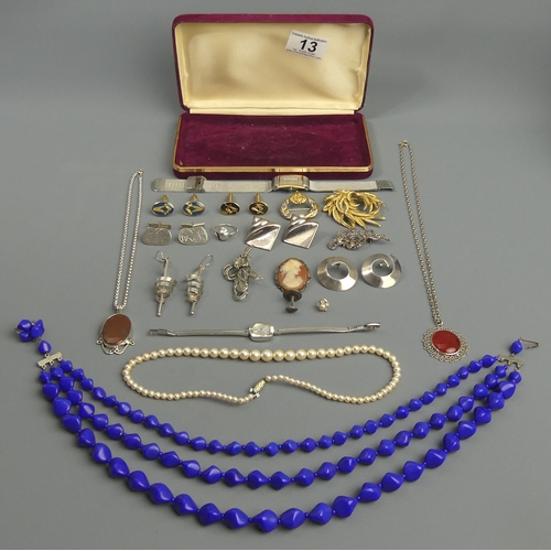 13 - Blue bead necklace, Skagen watch, silver cameo necklace, Masonic cufflinks and other items of jewell... 