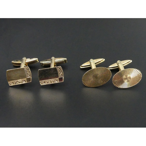 19 - A vintage pair of 9 carat gold cufflinks, London 1970 and a pair of gold on silver examples. UK Post... 