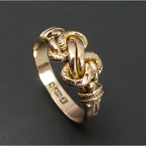 2 - 9 carat rose gold knot ring, Chester 1908, 3 grams. Size N, 8.6 mm wide. UK Postage £12.