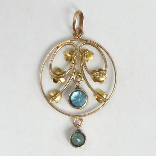 24 - 9 carat gold ornate stone set pendant, 1.6 grams. 38 mm long. UK Postage £12.
