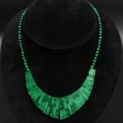 26 - Malachite 'Cleopatra' collarette necklace, 42 grams. 28 mm widest and 42 cm long. UK Postage £12.