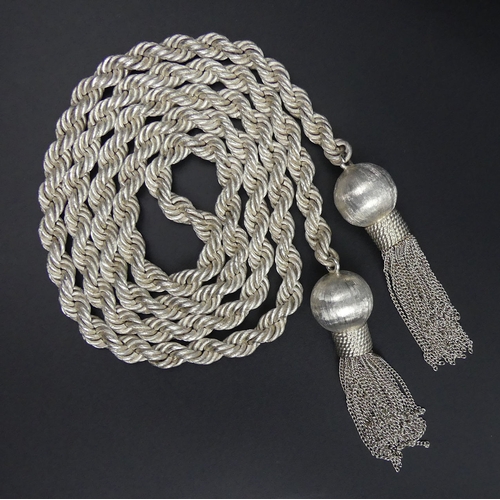 35 - Heavy silver (tested) rope twist long tassel necklace, 192 grams. 105 cm. UK Postage £12.
