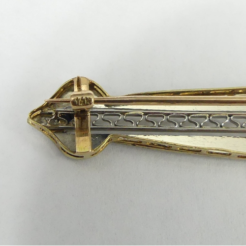 36a - Vintage 14 carat Gold Diamond and Sapphire Brooch, 4.1 grams. 65 x  9 mm . UK Postage £12.