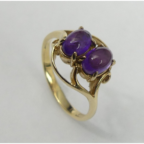 43 - 9 carat gold Amethyst two stone ring, 2.5 grams, Sheffield 1994. Size K 1/2, 11 mm wide. UK Postage ... 