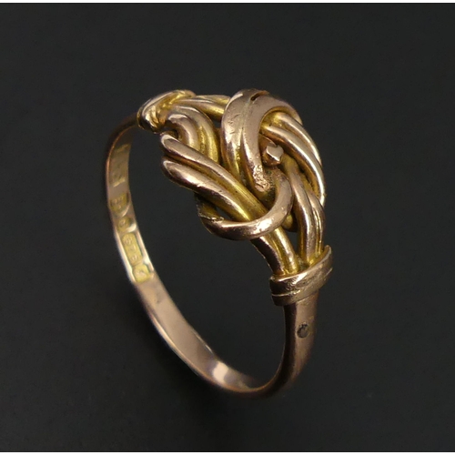48 - Edwardian 9 carat rose gold Knot ring, Chester 1907, 2.2 grams. Size O, 10 mm wide. UK Postage £12.