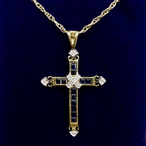 48a - 9 carat gold Sapphire and Diamond pendant and chain, 2.7 grams. Cross 35 mm. UK Postage £12.