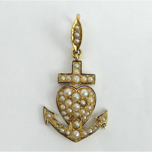 10 - 18ct gold (tested) seed pearl and enamel anchor and heart design pendant. 3 grams, 30 mm x 15.8 mm. ... 
