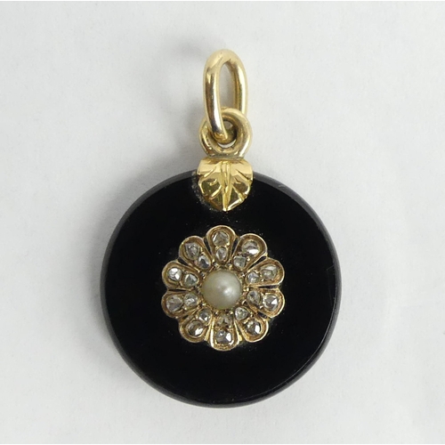 11 - Victorian 18 carat gold (tested)seed pearl diamond and French jet pendant, 4.9 grams. 20.4 mm x 30 m... 