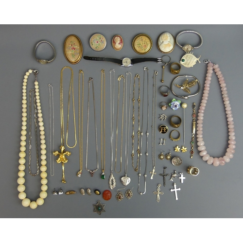 16 - A box of costume and other jewellery, including a coral bead necklace, a rose quartz example, silver... 