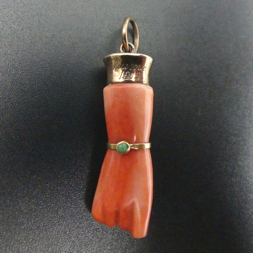 6a - Antique gold mounted carved coral hand design pendant, 40mm long. UK Postage £12.