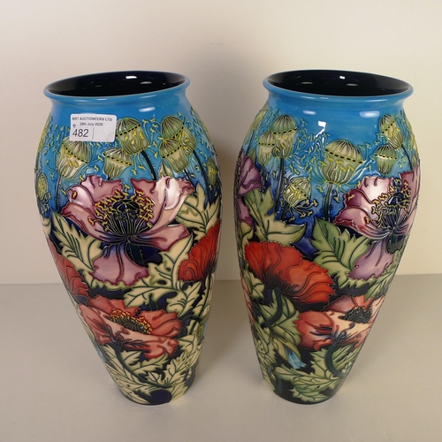 482 - A pair of modern Moorcroft pottery vases, 37cm tall, decorated with flowers & foliage, impressed & p... 