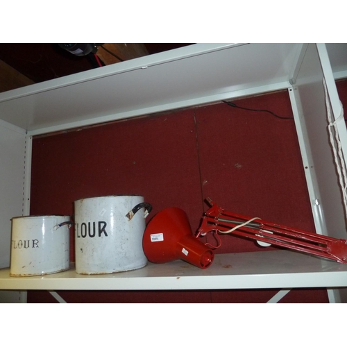 1009 - 2 vintage white enamel flower bins and a vintage red Anglepoise type lamp (no base)