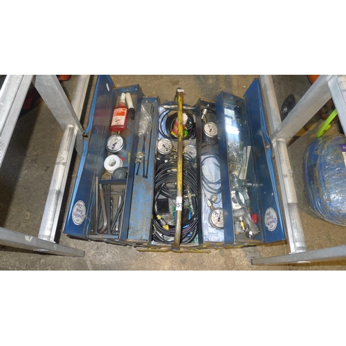 5057 - 1 blue / yellow metal tool box containing various gauges, fittings etc