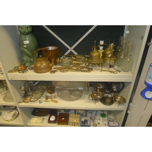 2038 - A large green pottery cat, various brass and copper ornaments, quantity of silver-plated ware, glass... 