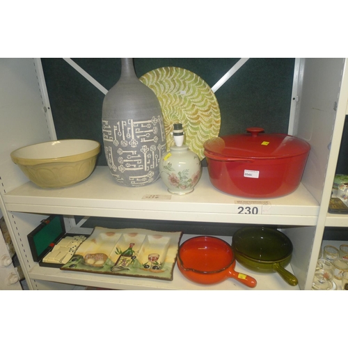2045 - A large red enameled Le Creuset pan with lid, a caneware mixing bowl, various large pottery and Chin... 