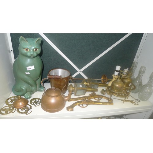 2038 - A large green pottery cat, various brass and copper ornaments, quantity of silver-plated ware, glass... 