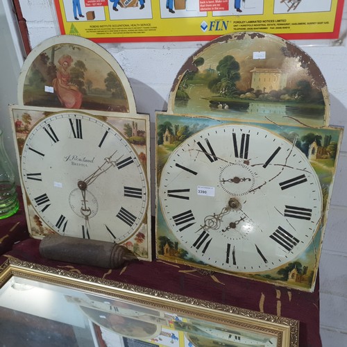 Two painted grandfather clock faces with part movements