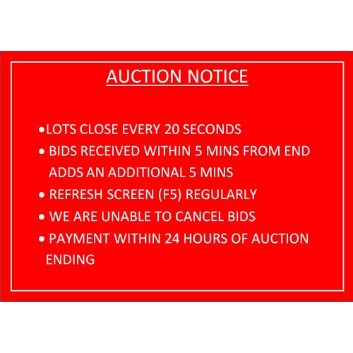 0 - This is a timed auction with each lot closing at 20 second intervals. Bids made within 5 minutes of ... 