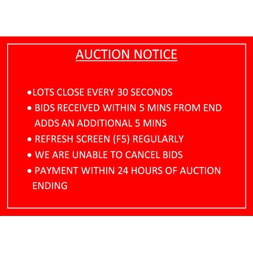 0 - This is a timed auction with each lot closing at 30 second intervals. Bids made within 5 minutes of ... 