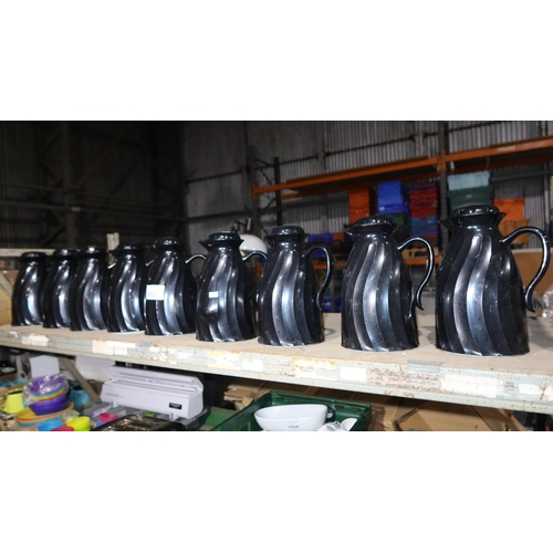 1052 - 9 x black thermal coffee/tea jugs, contents of 1 shelf