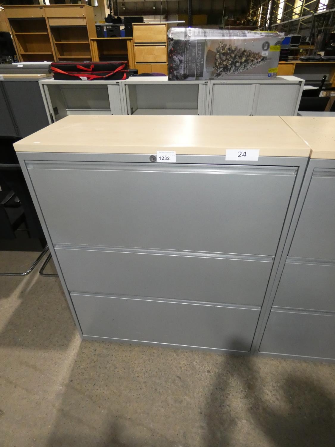 1 metal 3 drawer lateral filing with wood effect top approx 100