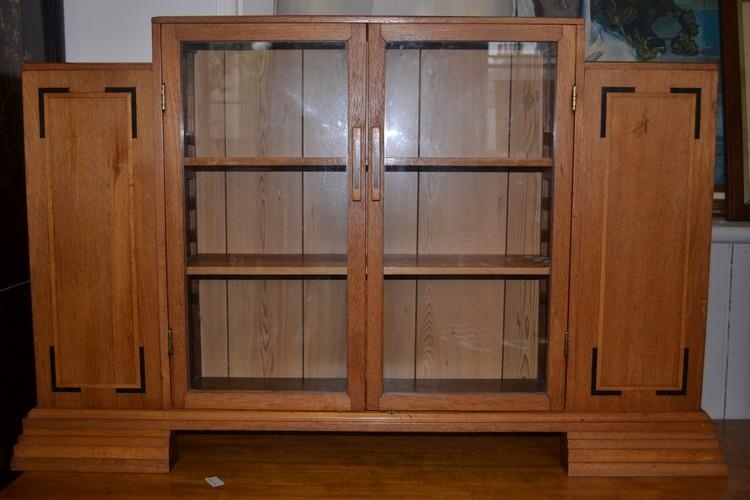 Art Deco Style Bookcase With Glass Sliding Doors And Storage At Ends