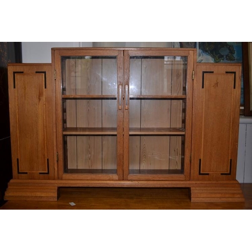 Art Deco Style Bookcase With Glass Sliding Doors And Storage At Ends