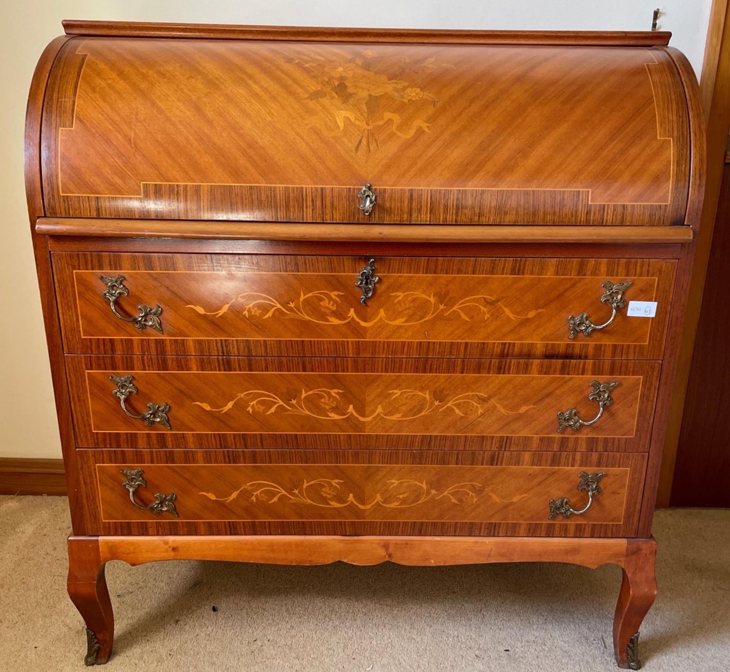 SUPER QUALITY!! AN EXQUISITE inlaid rolltop dresser with 3 drawers and
