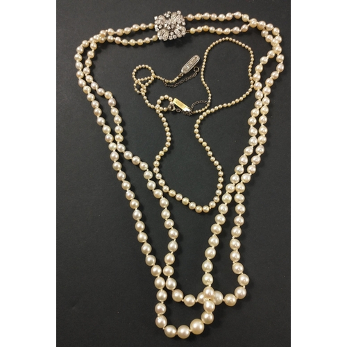 24C - TWO QUALITY STRINGS OF PEARLS to include a dainty 5 small diamond(tested) clasp string of graduating... 