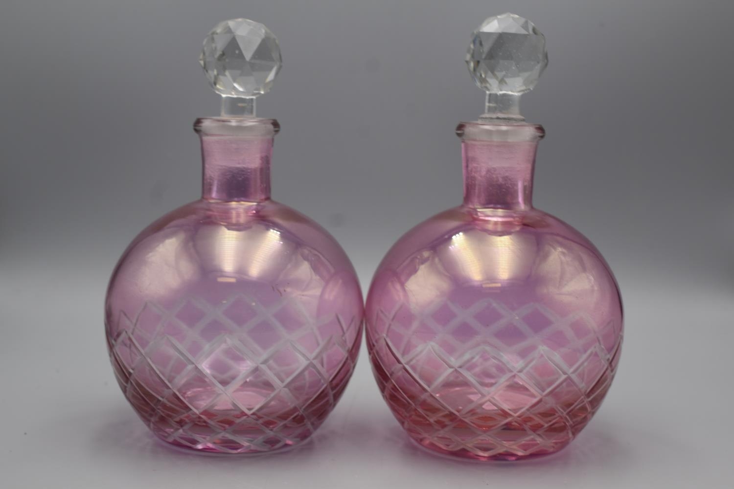 Two Pink Glass Scent Bottles with stoppers 6.5"
