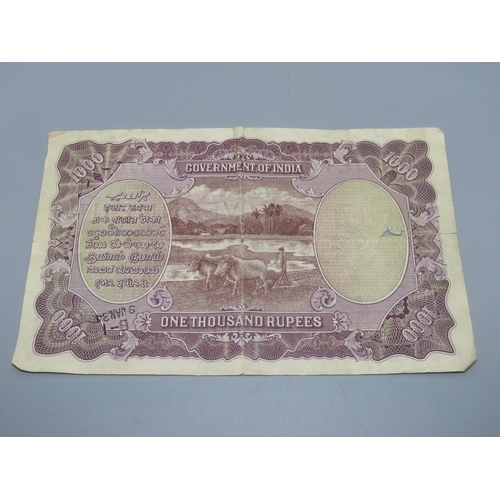129 - George V One Thousand Rupee Government of India Bank Note (X3633272)