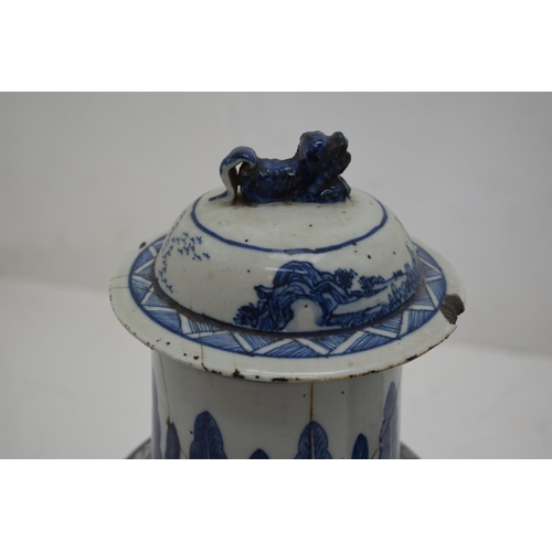 211 - Pair of Antique Chinese Blue and White Baluster Lidded Vases with Foo Dog Finials approx. 24