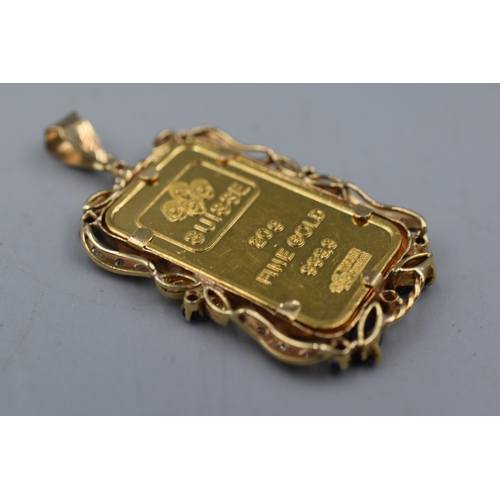 1 - Suisse 20g Fine Gold 999 (24ct Ingot) Essayeur Hondeur In 750 (18ct) Sapphire and Diamond Mount ( To... 