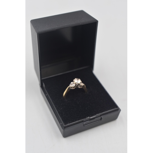 2 - Gold 9ct Ring with Raised centre stone flanked by two smaller stones (Size J)