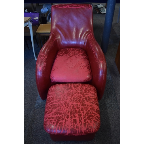 380 - Retro Style Designer Worn Red Leather Chair with Matching Footstool in need of recovering 45