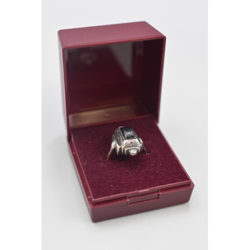 80 - Gold 9ct and Silver Black Stoned Gothic Ring (Size L) Complete with Presentation Box